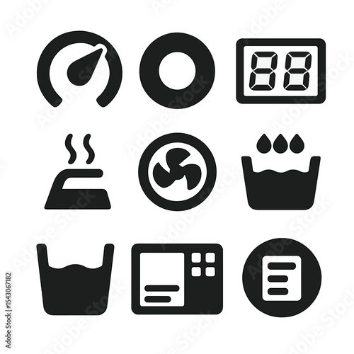 Washer Dryer Control Icons. Solid style icons of washer and dryer controls: cycle selector, start button, time display, heat