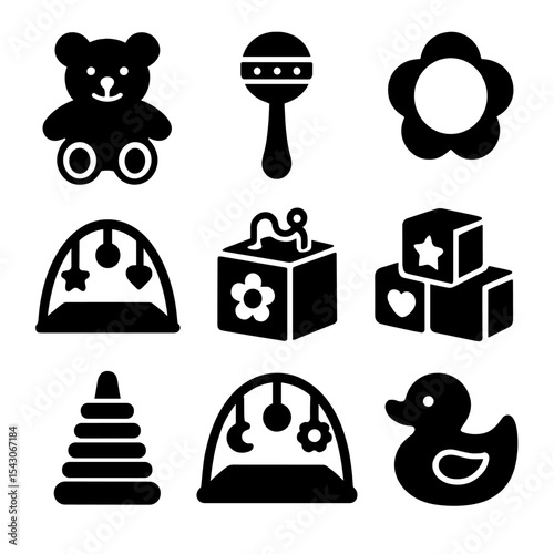 Solid Baby Toys Icons. Solid style icons of baby toys: plush bear, rattle, teether ring, play mat, activity cube, soft blocks,