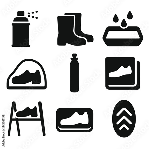 Rainy Day Shoe Care. Solid style icons of rainy day shoe care: waterproof spray, rubber boots, water tray, rain cover, umbrella