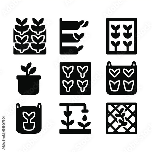 Vertical Gardening Icons. Solid style icons of vertical gardening: plant wall, tiered planter, vertical frame, pocket planter,