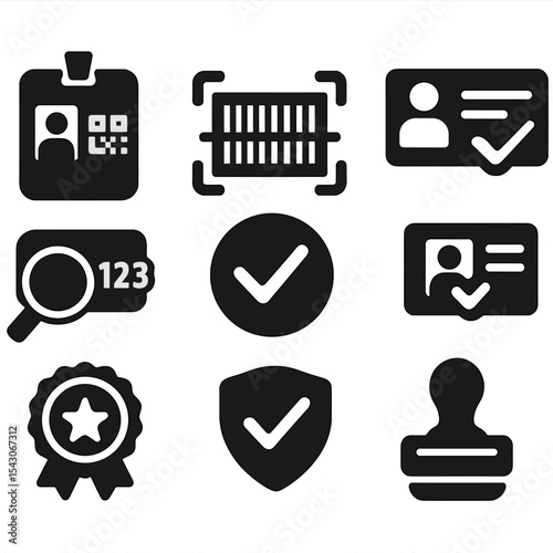 License Verification Icons. Solid style icons of license verification: QR code badge, barcode scanner, verification checkmark, ID