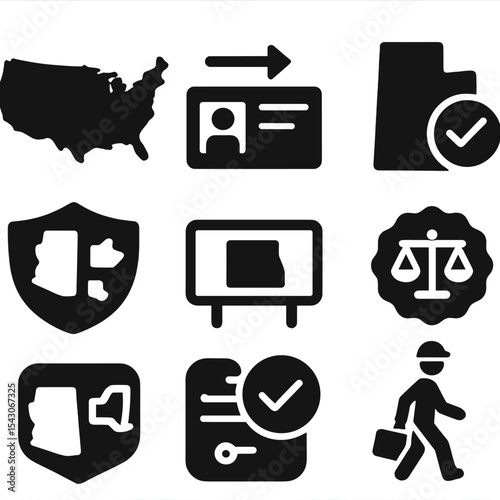 Cross-State Licensing Icons. Solid style icons of cross-state licensing: USA map, license transfer, state approval, jurisdiction