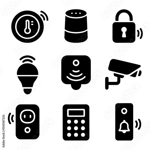 Smart Home Icons. Solid style icons of smart home devices: smart thermostat, smart speaker, smart lock, smart light bulb, motion