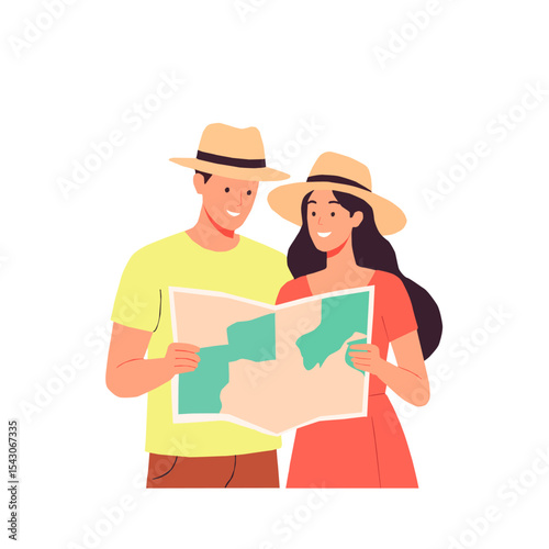 Tourist couple, man and woman with map, tourist vector illustration