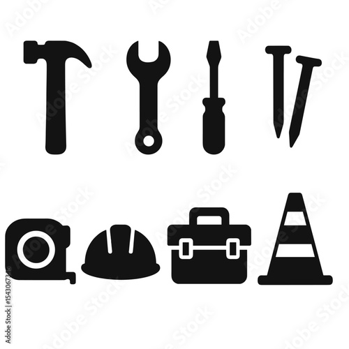 Construction Tool Icons. Solid style icons of construction and tools: hammer, wrench, screwdriver, nails, measuring tape, hard hat
