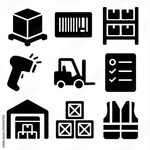 Warehouse Icon Set. Solid style icons of warehouse and inventory: pallet box, barcode label, storage shelf, scanner device,