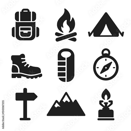 Camping Icon Set. Solid style icons of camping and hiking: backpack, campfire, tent, hiking boots, sleeping bag, compass, trail