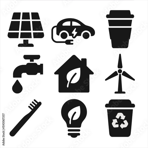 Sustainable Living Icons. Solid style icons of sustainable living: solar panel, electric car, reusable cup, water-saving faucet,