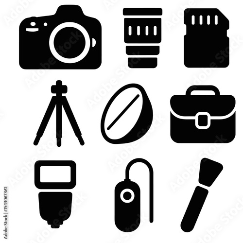 Photography Gear Icons. Solid style icons of photography gear: DSLR body, camera lens, memory card, tripod icon, light reflector,