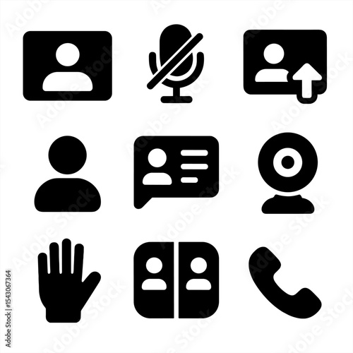 Online Meeting Icons. Solid style icons of online meetings: video window, mute button, screen share, participant icon, chat