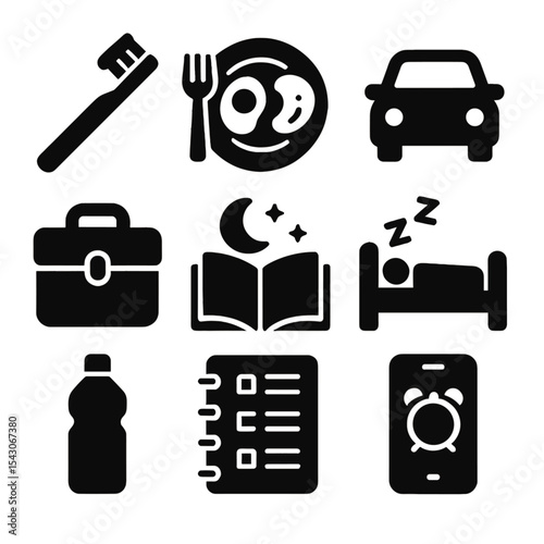 Daily Routine Icons. Solid style icons of daily routine: toothbrush icon, breakfast plate, commute icon, lunchbox, evening book,