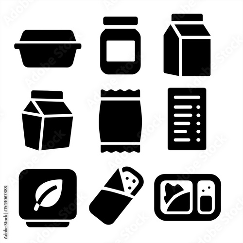 Solid Food Packaging Icons. Solid style icons of food packaging: food container, labeled jar, drink carton, takeaway box, sealed
