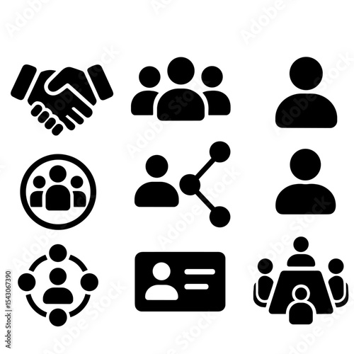 Networking Icons Collection. Solid style icons of networking and people: handshake icon, group icon, business connection, user