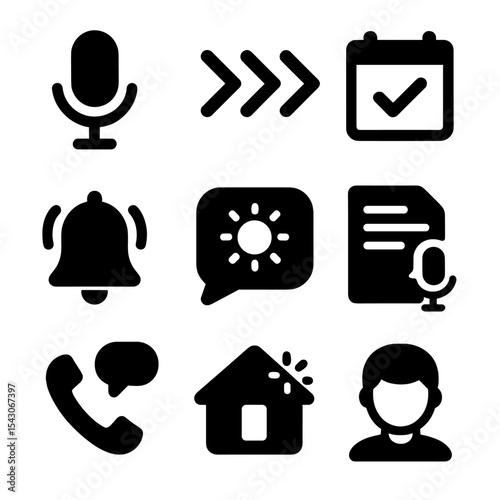 Virtual Assistant Icons. Solid style icons of virtual assistant tools: voice icon, smart reply, schedule check, reminder ping,