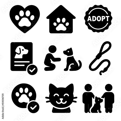 Pet Adoption Icons. Solid style icons of pet adoption: paw heart, shelter home, adopt badge, pet profile, meet and greet, leash