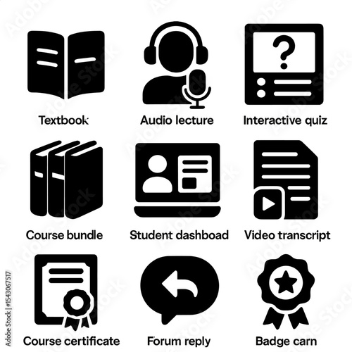 E-Learning Resource Icons. Solid style icons of e-learning resources: textbook icon, audio lecture, interactive quiz, course