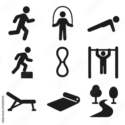 Outdoor Fitness Icons. Solid style icons of outdoor fitness: park run, jump rope, bodyweight icon, step-up box, resistance band,