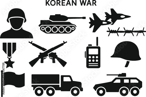 Black silhouette icon set for Korean War. Solid black vector pictograms of key war elements including soldier with helmet, military tanks, fighter jets, barbed wire, war medals, rifles, communication 