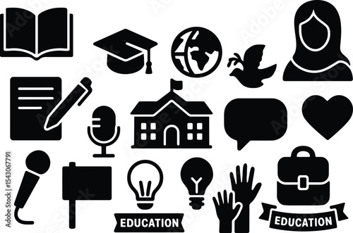 Malala Day, education icon, female empowerment, graduation cap, open book, human rights, literacy, school building, peace dove, advocacy, protest sign, female student, global education, pen and paper,