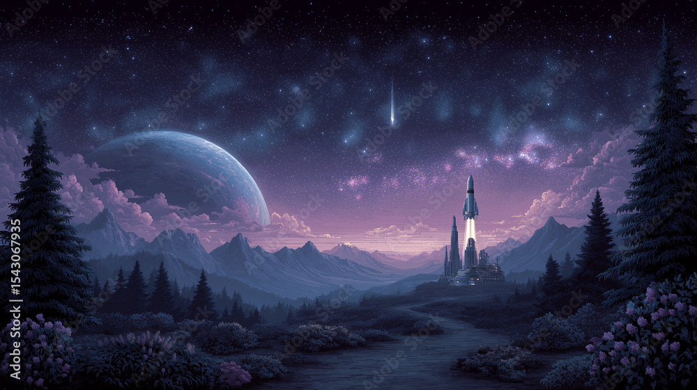 Naklejka premium Vibrant Retro Space Wallpaper with Planets and Rockets