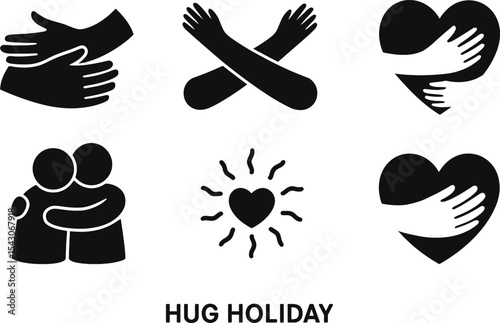 hug, hug holiday, embrace, hugging hands, arms, love, affection, care, support, friendship, kindness, togetherness, emotional support, heart, connection, black silhouette, vector icon, EPS file, edita