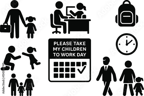 Black silhouette icon set for Please Take My Children To Work Day. Solid black vector pictograms featuring children, workplace elements like briefcase, office desk, computer, parent and child figures,
