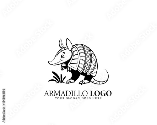 Black and white armadillo logo with intricate shell detail and bold graphic design. Great for stylish branding, wildlife business identity, and eco-conscious visual branding.

