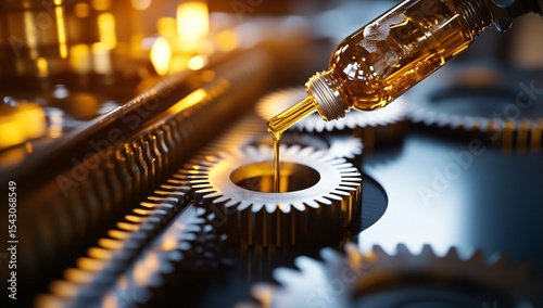 Lubricating Industrial Machine Gears Close up of Golden Oil Pouring onto Metal Cogwheels