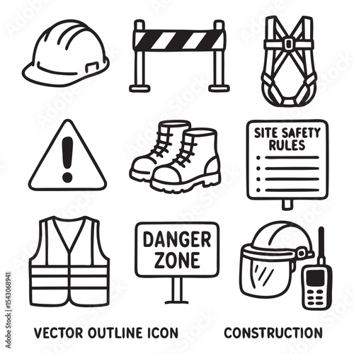 Black and White Vector Outline Icons for Construction Site Safety Equipment – Minimal Hand-Drawn Style