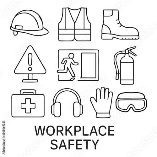 Workplace Safety Icons Set – Black and White Outline Vector Illustration for Occupational Protection