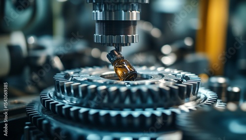 Industrial Machinery Manufacturing Process Close up of a Bottle Filling Machine