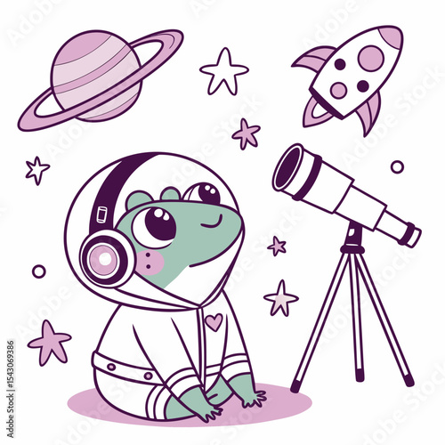 Playful Frogs with wearing headphones, set in a charming Galaxy Dreams theme – Starlight Mix color vector art