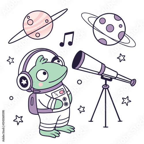 Playful Frogs with wearing headphones, set in a charming Galaxy Dreams theme – Starlight Mix color vector art