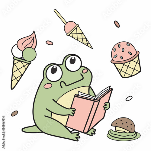 Curious Frogs with reading a book, set in a charming Ice cream party theme – Scoops & Swirls color vector art