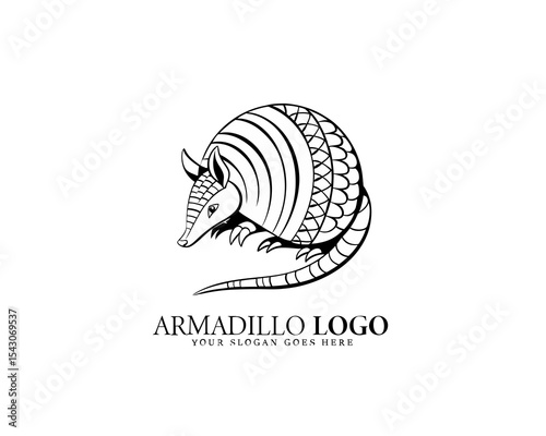 Bold vector logo of an armadillo in stylish black and white, perfect for nature-themed business identity, wildlife branding, and merchandise graphics.

