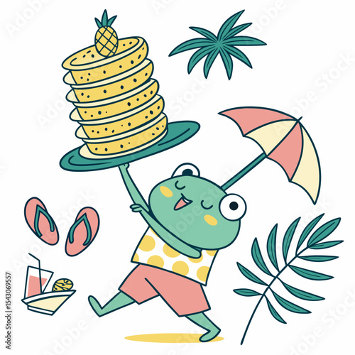 Happy Frogs with balancing a stack of pancakes, set in a charming Tropical theme – Tropical Vibes color vector art