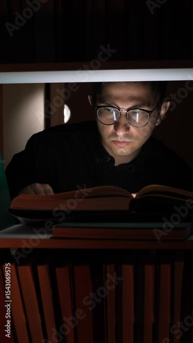 vertical video Man reading a book in the dark on a bookshelf