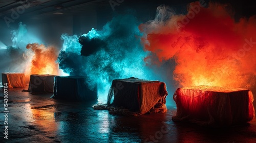 Stage with blue and red smoke for theater drama performance concert music show event entertainment scene