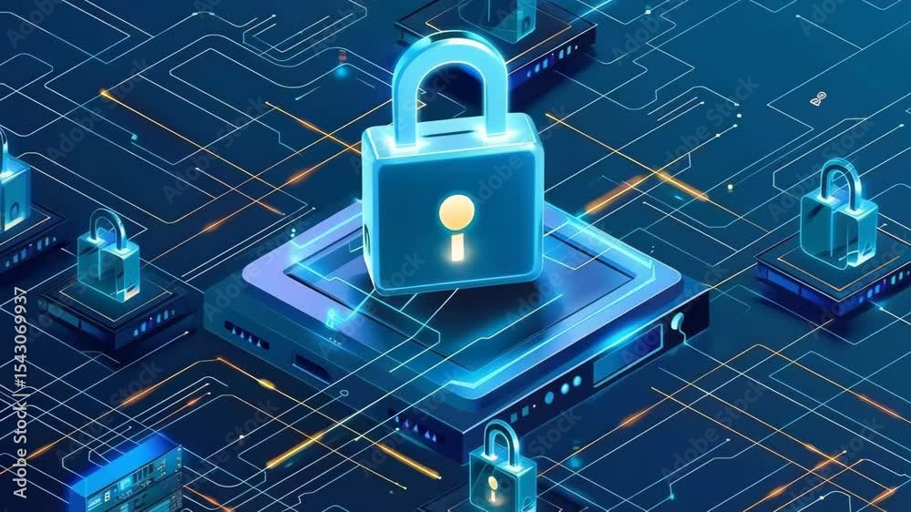 The isometric computer lock serves as a symbolic image of web banners and online servers, emphasizing data security in the digital sphere.