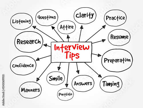 Interview Tips - advice or guidelines intended to help individuals perform well during job interviews, text concept mind map