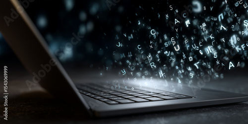  Floating glyphs above laptop show AI semantic translation in real time.
