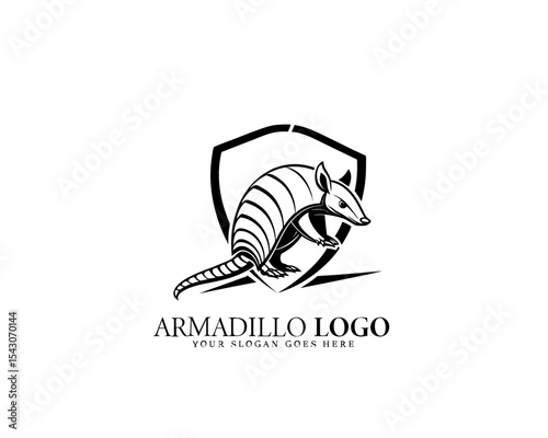 Elegant black and white armadillo illustration for logo design with bold line structure and minimal detail. Ideal for branding wildlife products and nature businesses.

