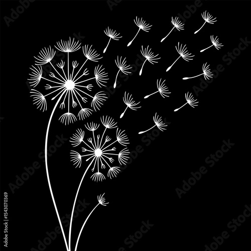 Elegant black and white vector illustration of dandelions releasing seeds into the wind. Features intricate linework and minimalistic styling, capturing the ephemeral beauty of nature and motion