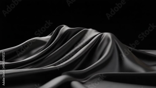 Smooth black fabric draped artistically, creating waves and shadows against a dark backdrop