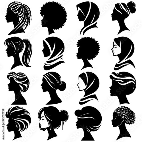 Set of Minimalist Black and White Vector Illustration of Women’s Side-profile Silhouettes