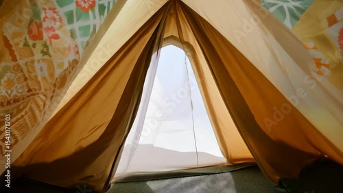 Children's teepee entrance with soft fabric and playful patterns. Concept of whimsical minimalism in modern childhood decor