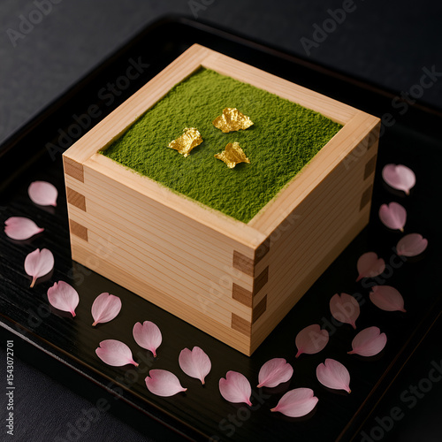 桜と金箔が彩る抹茶ティラミス｜伝統的な升に盛られた和風映えスイーツと黒漆器の上に舞う桜の花びらが美しい上品な和のデザート写真