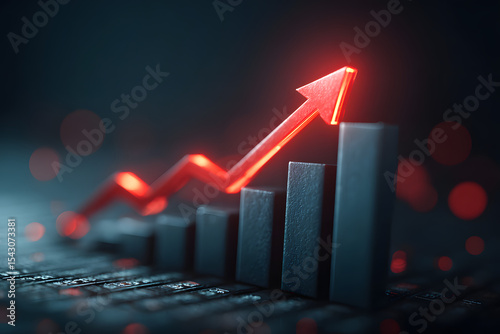 A rising trend is illustrated by the steady growth dark blue bars paired with a bold red arrow symbolizing progress and success