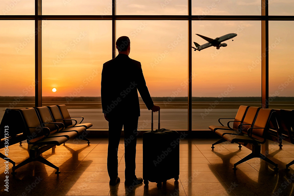 Fototapeta premium silhouette of a man with a suitcase at the airport