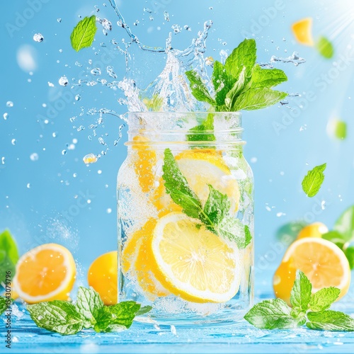 Zesty Refreshment: A vibrant and invigorating splash of homemade lemon infused drink, showcasing the beauty of natural ingredients, ideal for promoting refreshment and healthy living.
